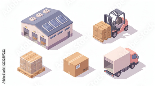 Isometric industrial warehouse and logistics icon set with large solar panel factory building, forklift lifting pallet, shrink wrapped boxes, and delivery box truck