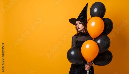 Witch holding orange and black balloons.