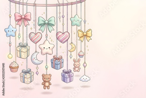 Cute Pastel Nursery Mobile with Teddy Bear Stars and Moon Illustration