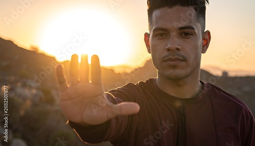 Young man in desert at sunset.