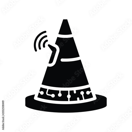 Black of a traffic cone with a digital circuit pattern and a wireless signal symbol, isolated on a white background, representing smart infrastructure, road safety technology, and io t systems