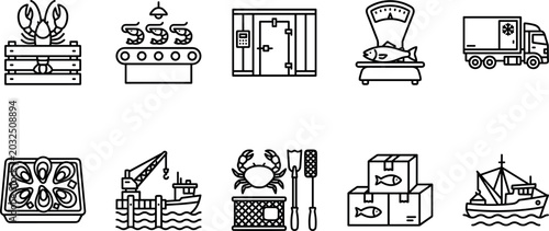 Obraz na płótnie Seafood processing and commercial fishing industry line icon set for aquaculture