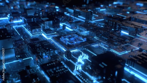Blue glow illuminates digital circuitry