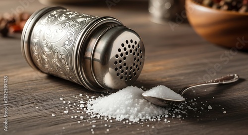Close up of a silver salt shaker spilling salt on a wooden surface