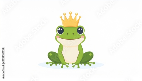 A smiling green frog wearing a golden crown sits on the ground.