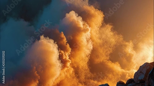 Awe-inspiring spectacle of colossal golden clouds dramatically illuminated by intense light, showcasing nature's raw power and atmospheric magnificence