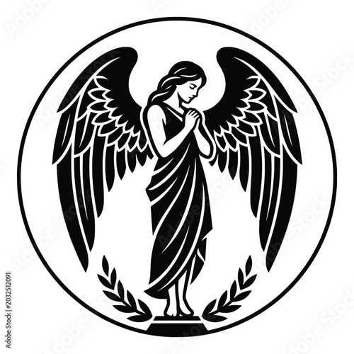 Angel emblem depicts a serene figure inside a circular frame adorned with laurel leaves as a decorative graphic resource.