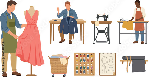 Foto Professional Fashion Designers and Tailors Workshop Vector Element Set with Dres
