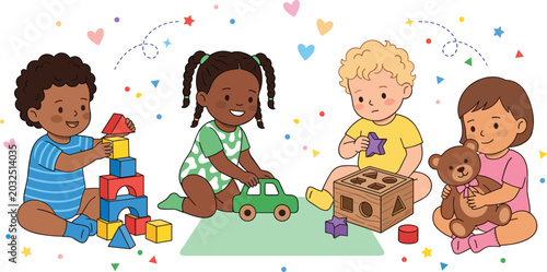 Canvastavla Cute Cartoon Toddlers and Babies Playing with Toys Vector Character Set with Woo