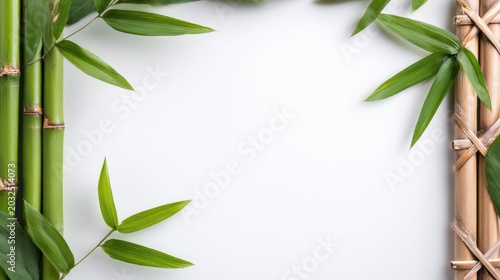 Bamboo frame showcases green leaves against white natural bamboo encloses vibrant leaves on clean background