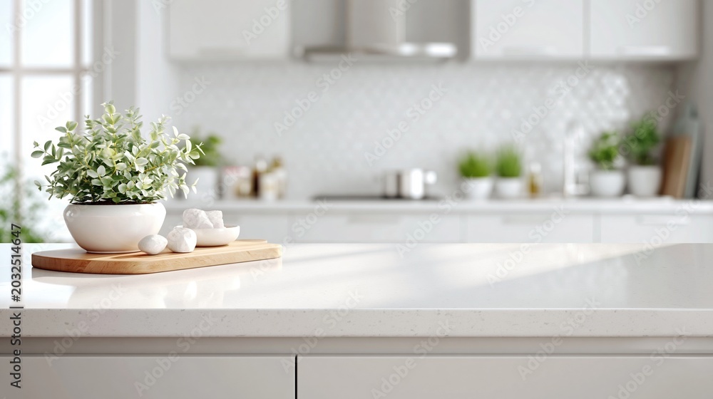 Fototapeta premium Bright Modern Kitchen Countertop with Houseplant and Natural Light