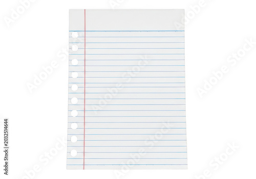 Single sheet of lined loose leaf notebook paper isolated on transparent background
