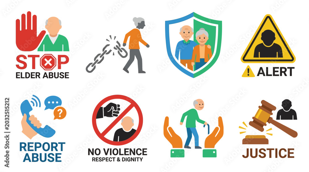 Fototapeta premium A Vector set of various icons depicting awareness and prevention of elder abuse and violence, with people, signs, and symbols promoting justice and safety.
