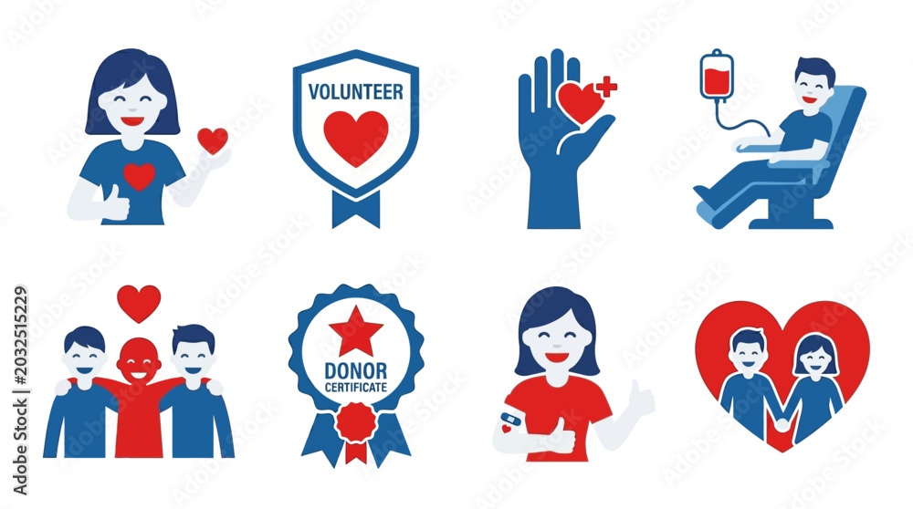 Fototapeta premium Vector set of volunteer icons depicting people donating blood and showing love with hearts