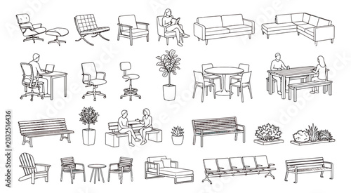 Hand drawn furniture vector set, minimalist interior and exterior seating sketches, architectural line art icons for floor plans and lifestyle design