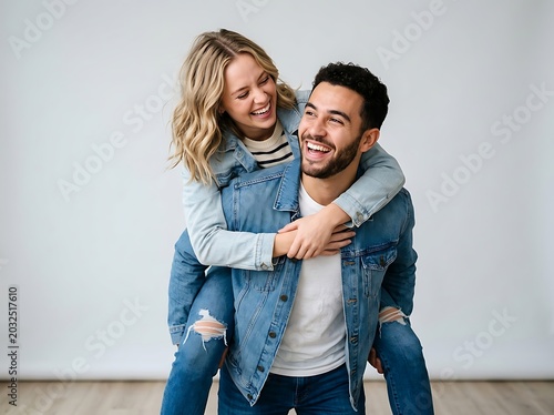 Happy young couple laughing while man gives woman a piggyback ride