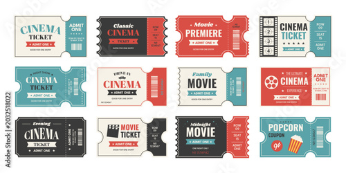Quadro su tela Retro cinema ticket set with movie premiere, drive in, popcorn coupon and midnight show designs in vintage 1950s Americana style