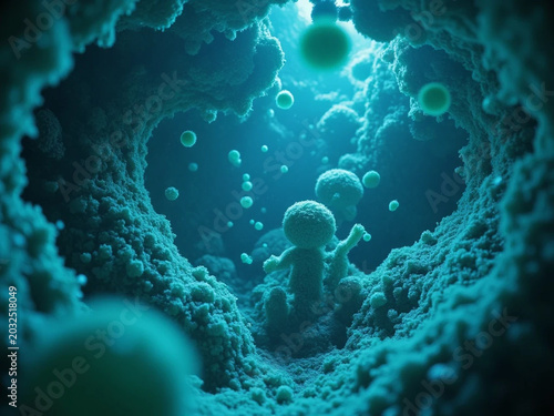 Glowing blue microorganisms thrive in a dark underwater cave environment