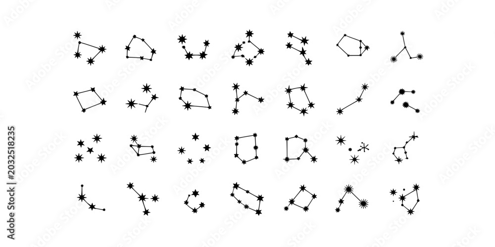 Fototapeta premium Constellations hand drawn set with black stars and lines featuring astronomy, celestial, night sky with star patterns and zodiac elements for