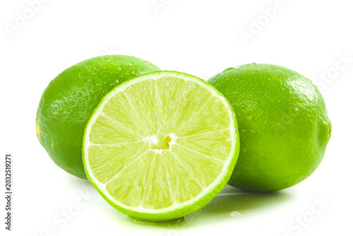 Fresh Green Limes Cut in Half Isolated on White Background - Taiwan Hainan Citrus Fruit