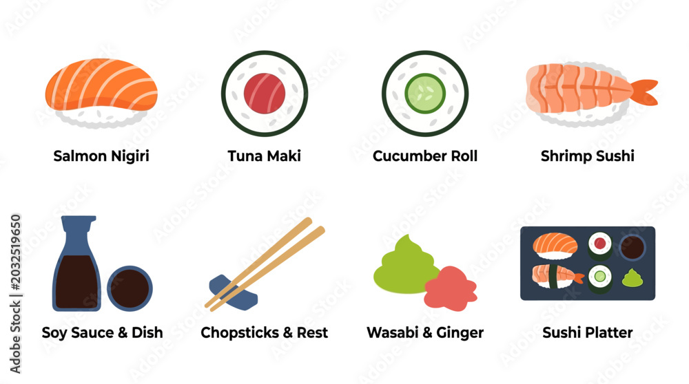 Naklejka premium Vector set of various sushi dishes and utensils on a table with soy sauce and wasabi for a food illustration