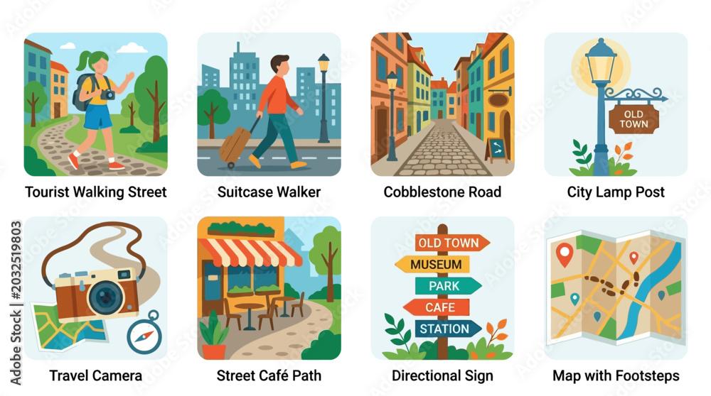 Fototapeta premium Vector set of tourist walking street icons featuring a suburban walker on a cobblestone road with a city lamp post and travel camera on a street cafe path with directional signs