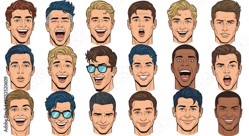 Diverse collection of mens faces with various facial expressions, hair colors, and styles in a classic comic book pop art illustration style.