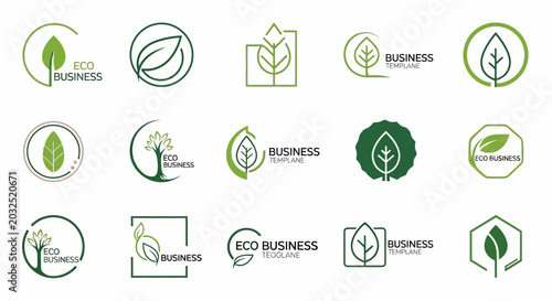Collection of eco business logo templates with green leaf motifs
