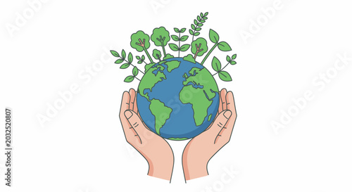 Hands holding earth globe with green growing trees