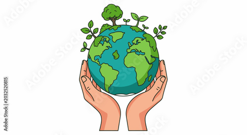Caring hands supporting green earth globe with trees