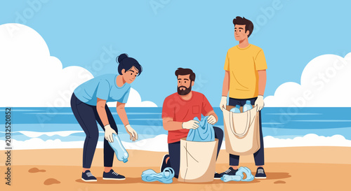 Group of people collecting plastic trash at the beach