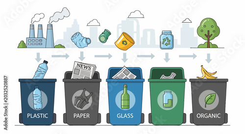Waste sorting station with bins for different recyclable materials