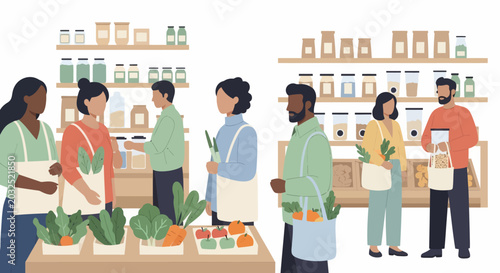 People shopping in zero waste grocery store with reusable bags