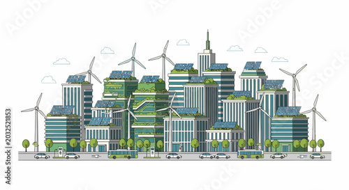 Sustainable city with solar panels wind turbines and green buildings