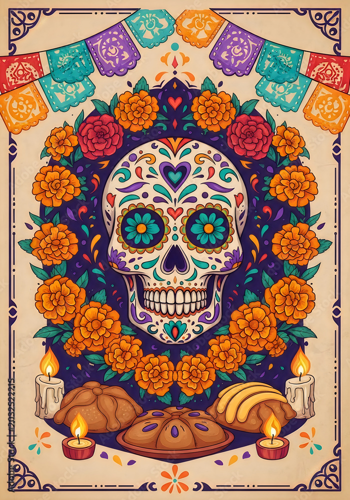 Naklejka premium Calavera with colorful floral patterns and traditional Day of the Dead offerings like marigolds, candles, and pan de muerto.