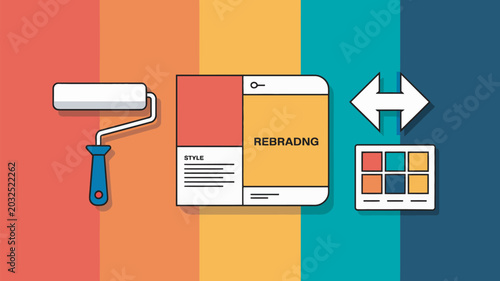 Rebranding concept flat vector illustration with paint roller and color palette