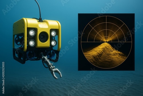 This image showcases an underwater ROV with its sonar display revealing the seabed. Experience advanced marine exploration technology.