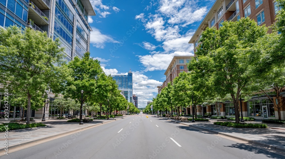 Obraz premium Tree-lined City Street with Modern Buildings Under a Bright Blue Sky