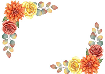 Watercolor corner border featuring orange dahlias, yellow roses, and red roses with eucalyptus leaves on a black background