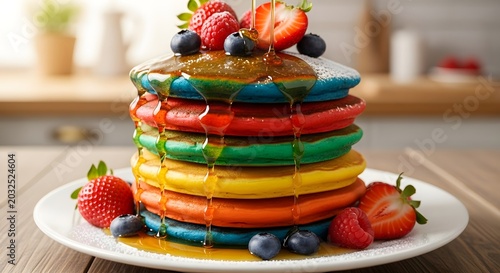 Stack of colorful pancakes with strawberries and blueberries on a white plate in a kitchen