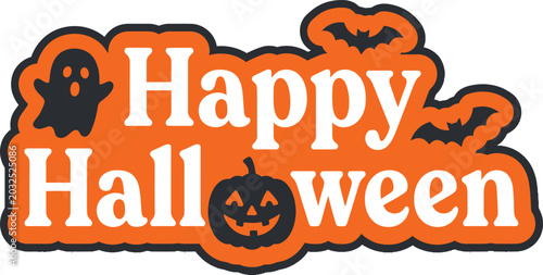 Bild auf Leinwand Happy halloween sign with ghost, jackolantern and bats isolated on white backgro