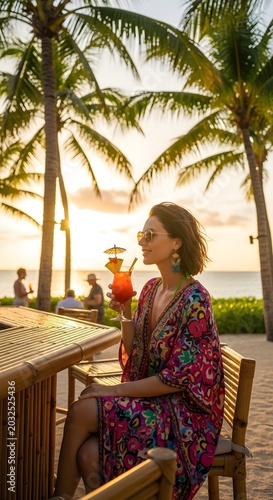 Woman in a colorful dress enjoys a cocktail on a beachside patio at sunset