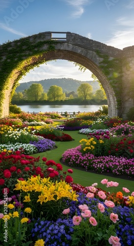 Beautiful garden with a stone archway and vibrant flowers overlooking a serene lake and lush greenery