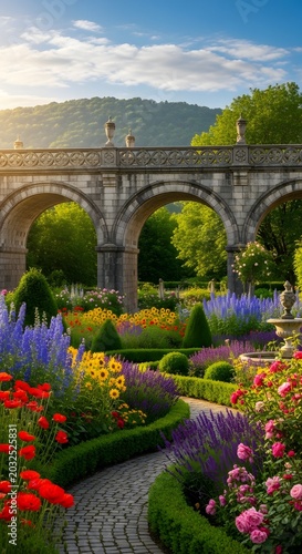 Beautiful garden with a stone bridge and vibrant flowers under a sunny blue sky