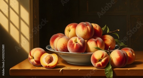 Bowl of fresh peaches on a wooden table in a room with natural light