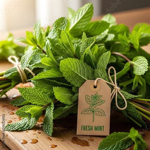 Bunch of fresh mint leaves tied with a twine and a tag on a wooden cutting board