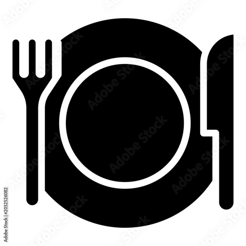 Table Setting Glyph Black Silhouette Icon Design Vector - Plate with fork and knife representing dining, restaurant service, and meal preparation