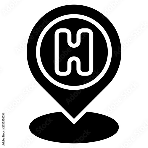 Hospital Pin Glyph Black Silhouette Icon Design Vector - Map location pin with medical cross representing hospital, emergency care, and healthcare navigation