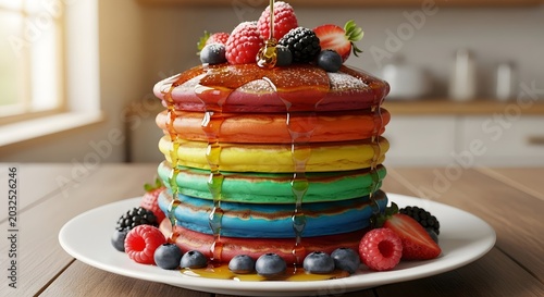 Colorful stack of rainbow pancakes with fresh berries and syrup on a white plate in a kitchen