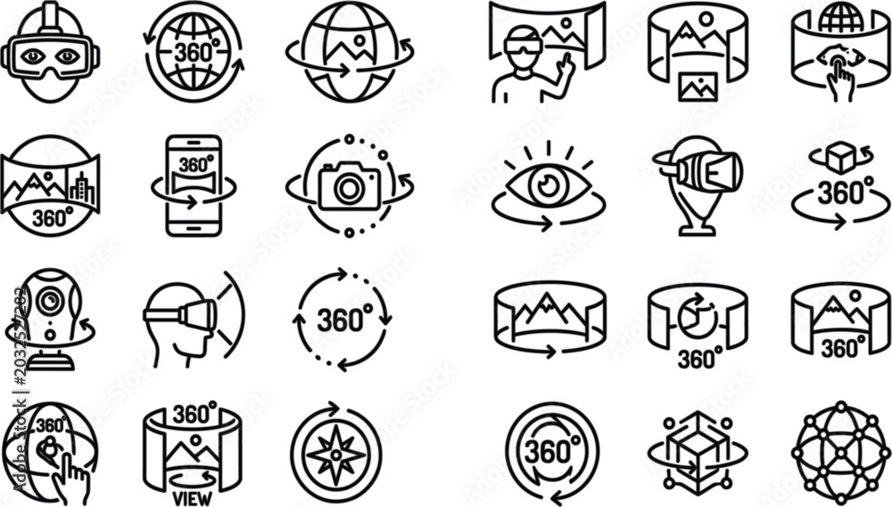 Fototapeta premium Virtual reality and 360 degree view line art vector icons set with VR headset panorama camera and rotation symbols isolated on white background